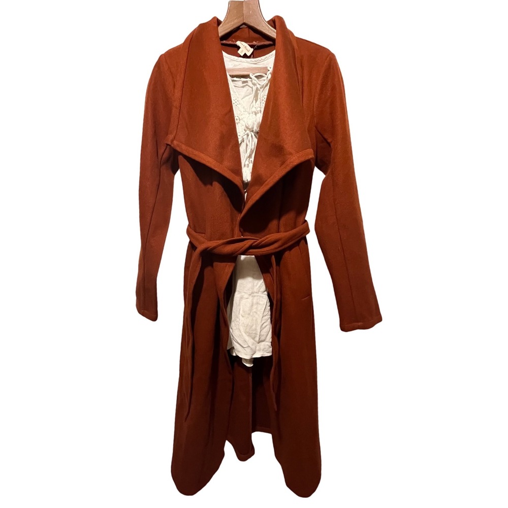 Women's Rust Orange‎ Longline Drape Collar Belted Fleece Sweater Trench Coat